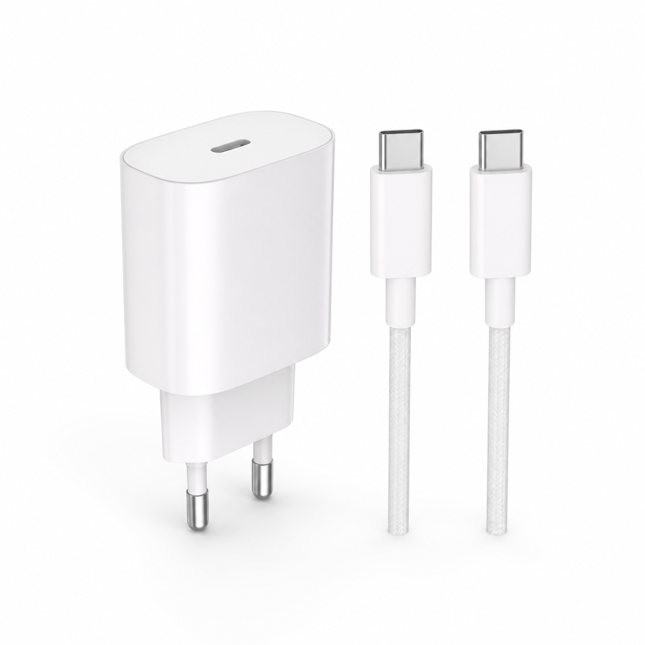 Cargador rápido blanco de 25 W con cable USB-C sobre fondo blanco